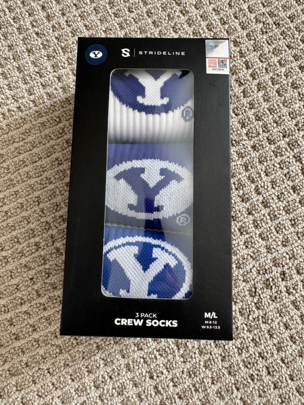 NWT Strideline BYU Blue & White Crew Socks - 3 Pack (M/L)